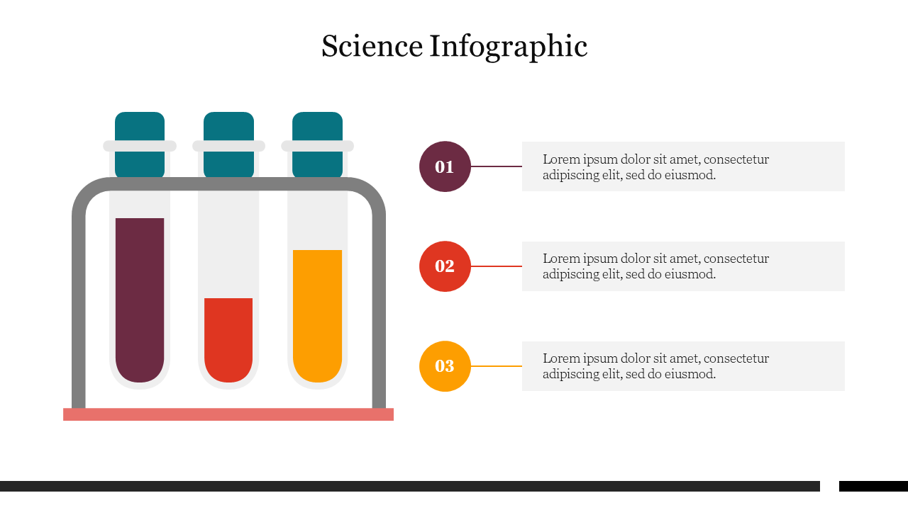 Science infographic featuring three test tubes filled with various liquids, next to three captions aligned vertically.