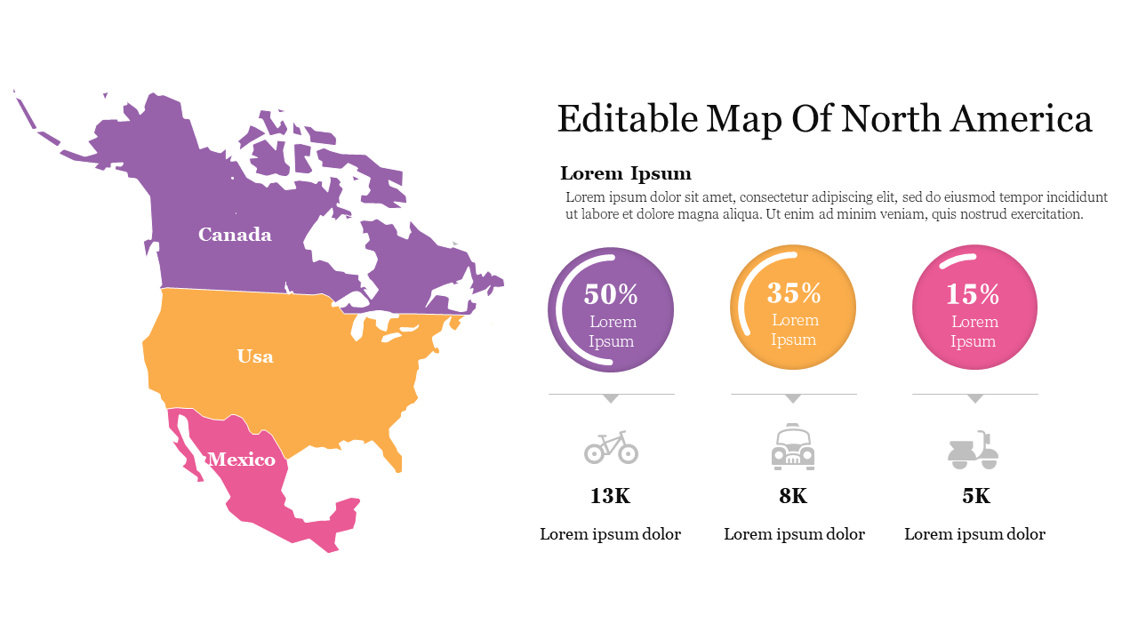 North American map divided into purple, orange, and pink regions with percentage statistics and icons displayed beside.