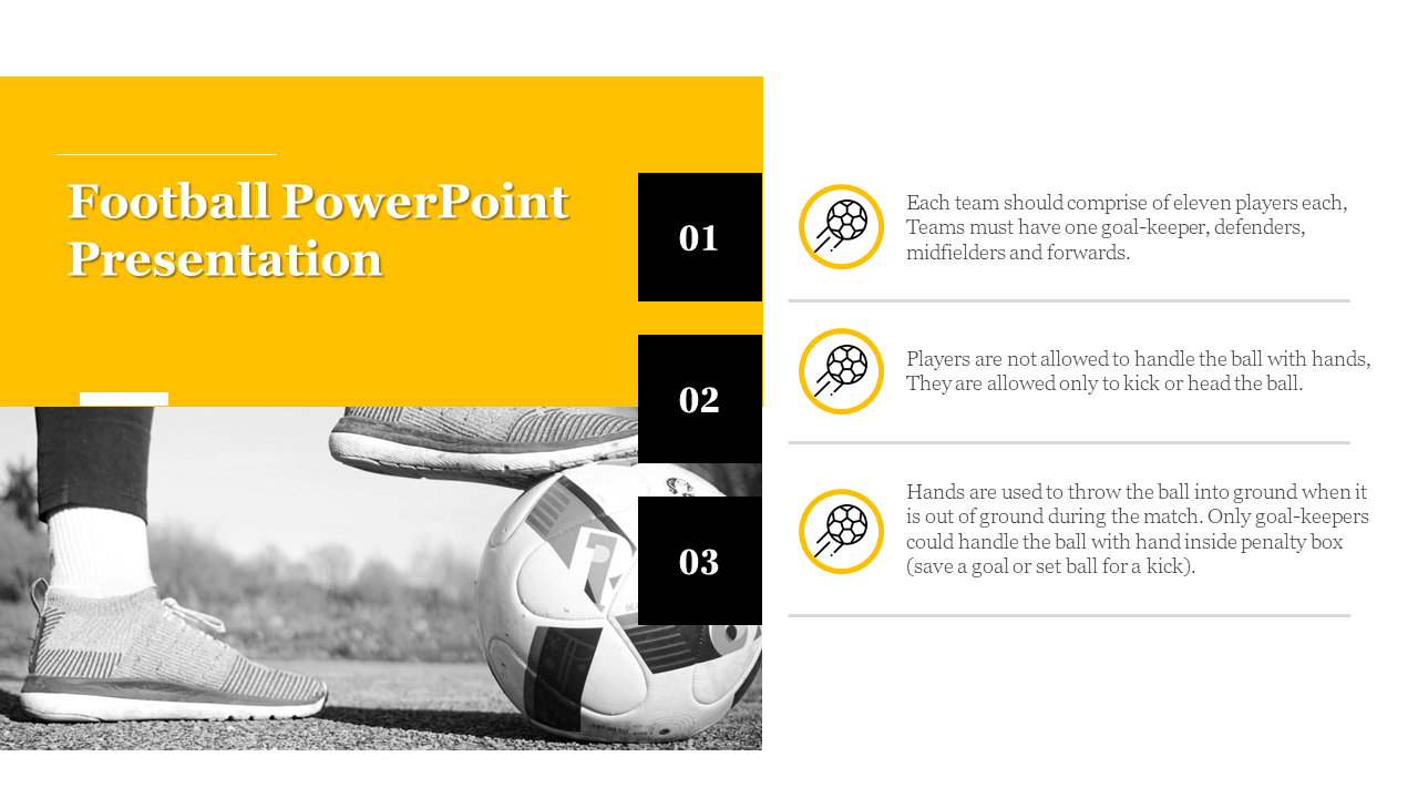 Football themed slide with yellow and black design, featuring three key football rules and an image of a soccer ball.