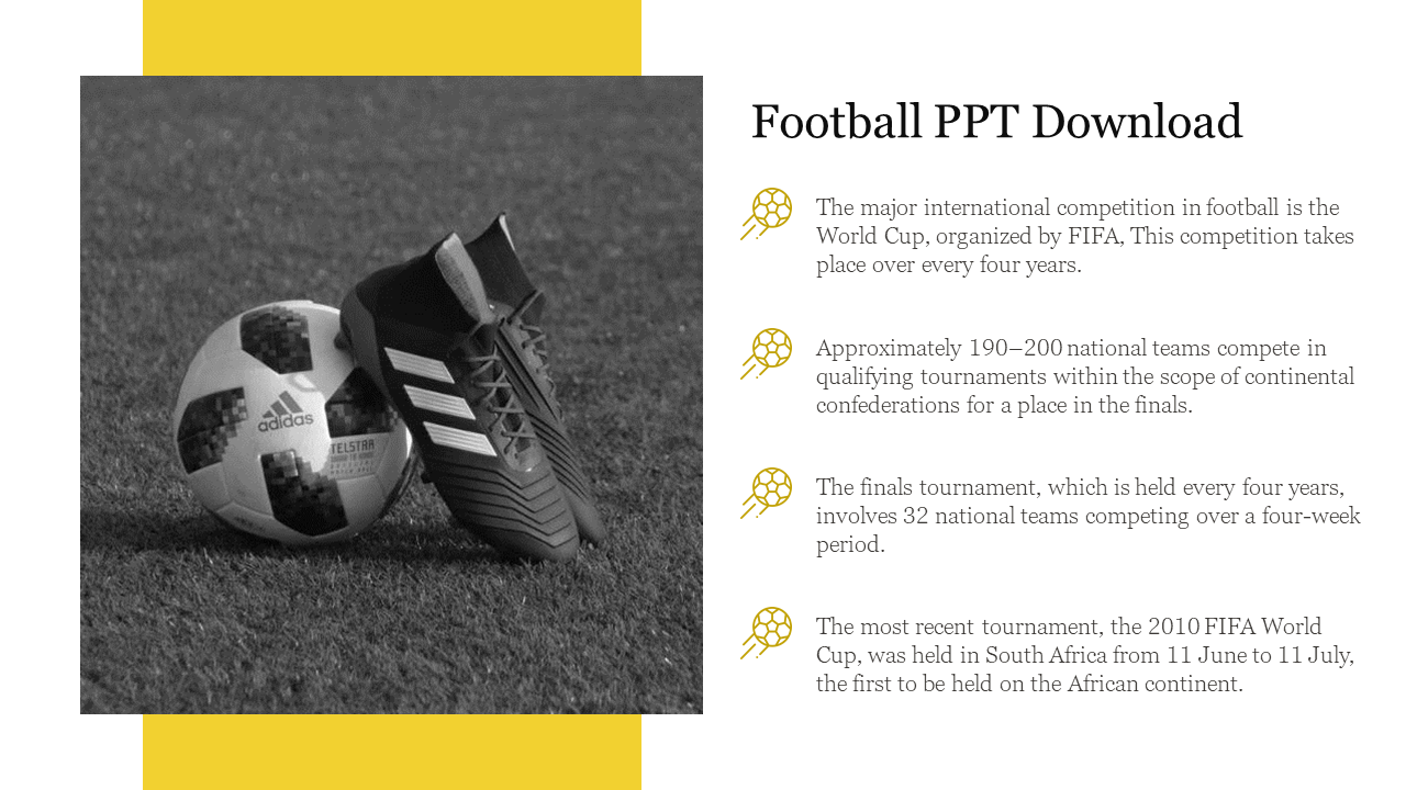 Football-themed slide with a black-and-white image of a ball and boot, alongside text about the FIFA world cup.