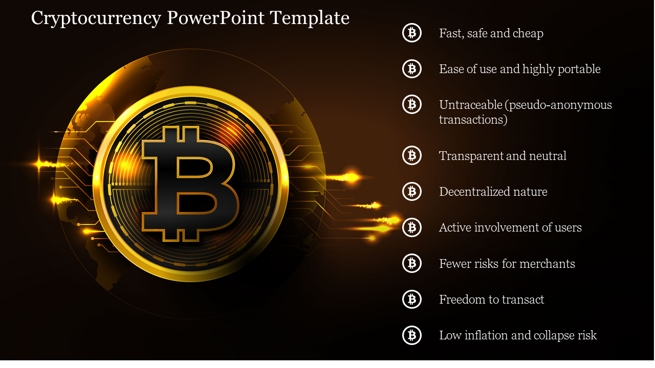 Cryptocurrency slide featuring a large golden colored bitcoin symbol with a list of benefits on a dark background.