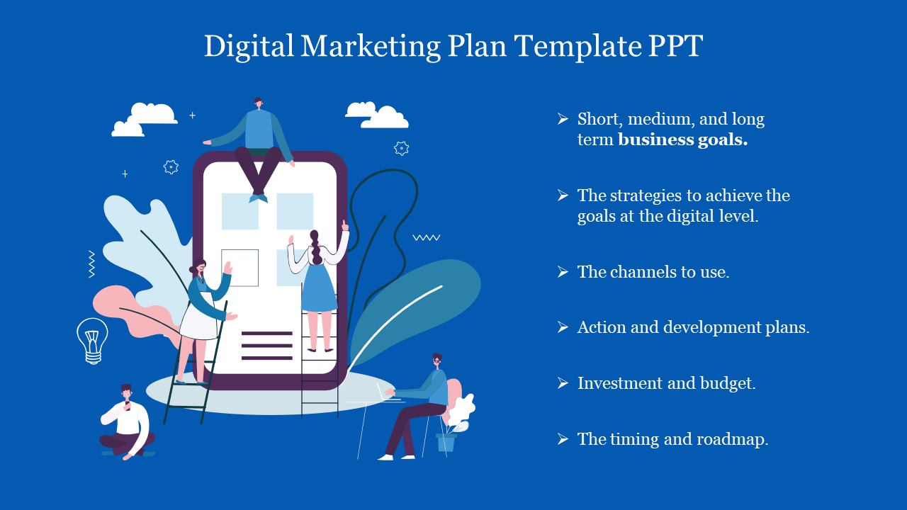 Blue-themed digital marketing template featuring a team collaborating on a large phone and a list of business goals.