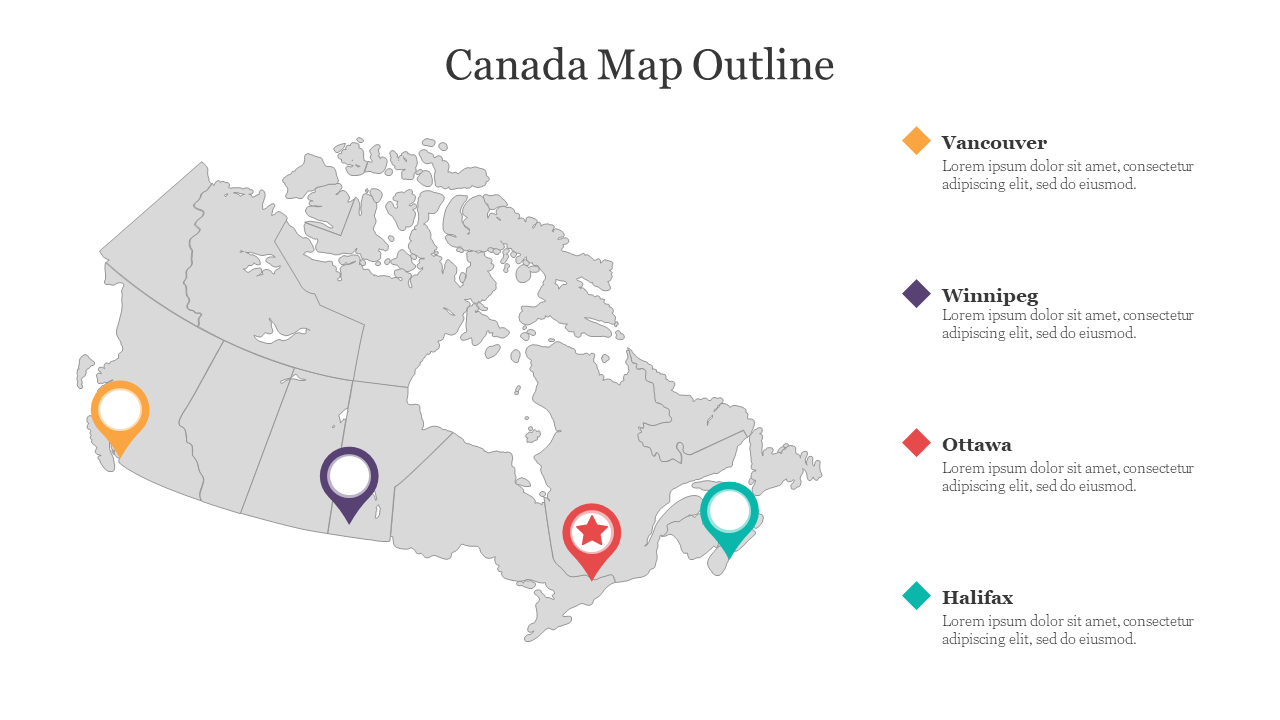 Gray outline map of Canada with colorful location pins marking vancouver, winnipeg, ottawa, and halifax.