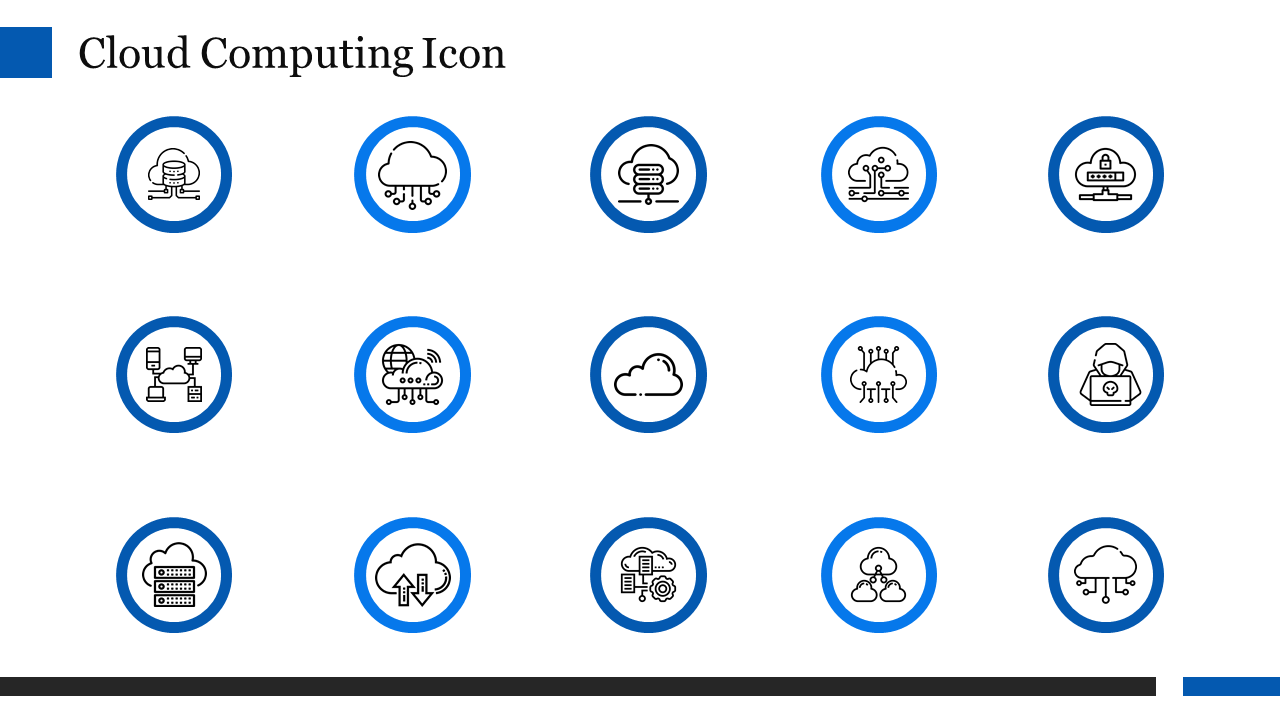 Fifteen blue bordered circular icons arranged in a grid, representing various cloud computing concepts.