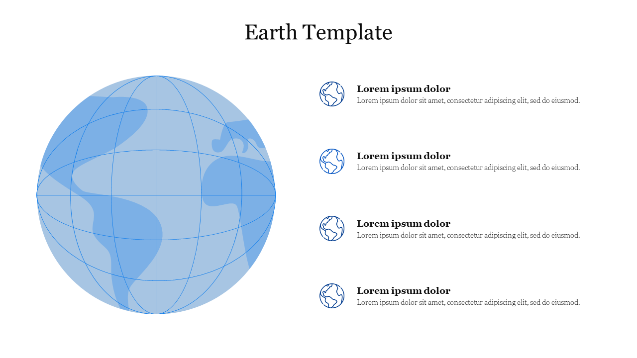 Earth slide with a globe icon and placeholder text for content.