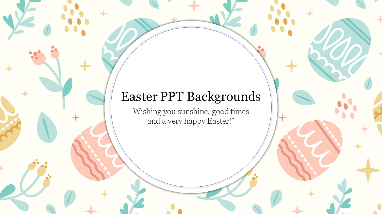 Colorful easter themed slide background featuring decorated eggs, flowers, and a cheerful greeting.