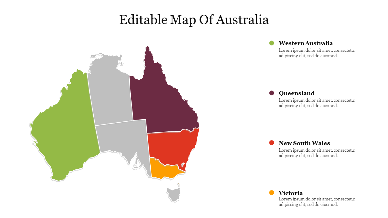 Australia map split into colored sections, highlighting states with green, grey, maroon, red, and yellow areas with captions.