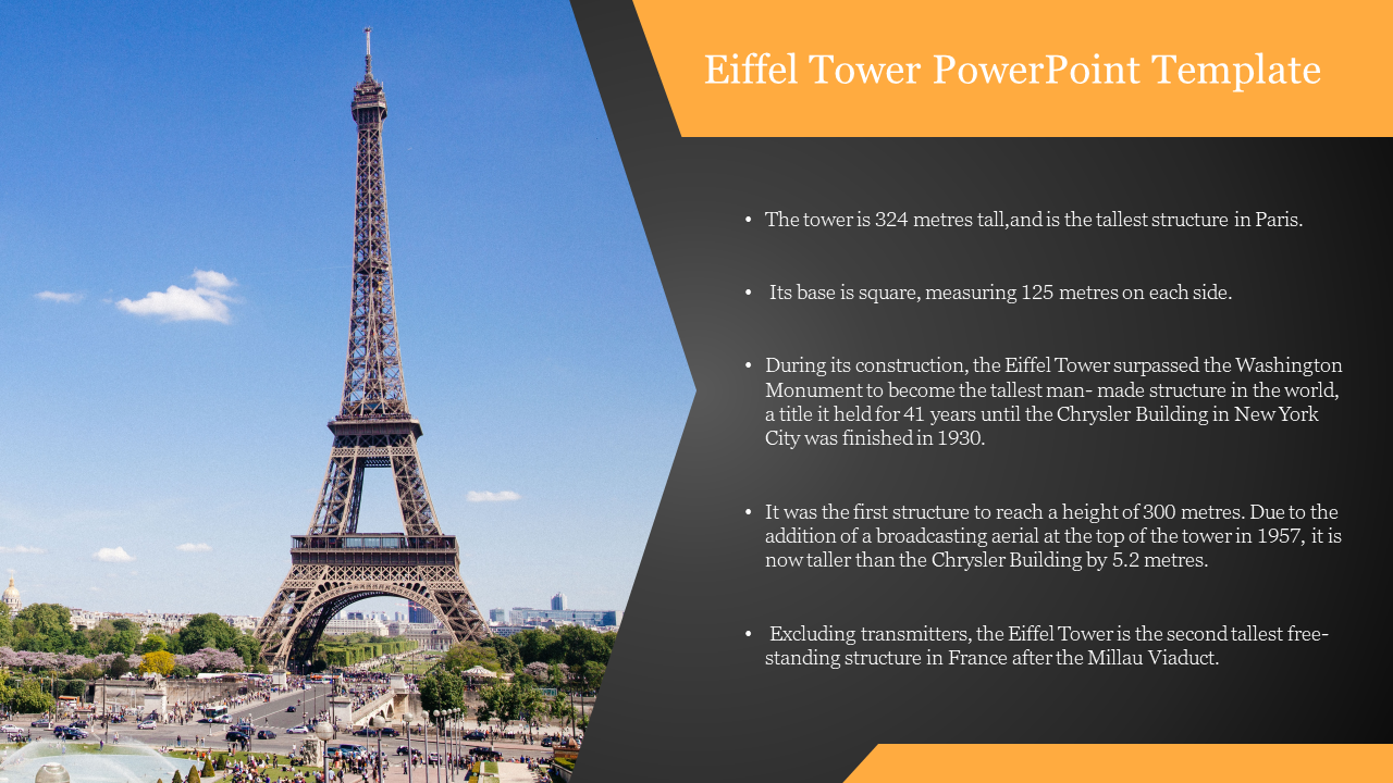 Eiffel Tower on the left and text section on the right with an orange header and gray body containing five bullet points.