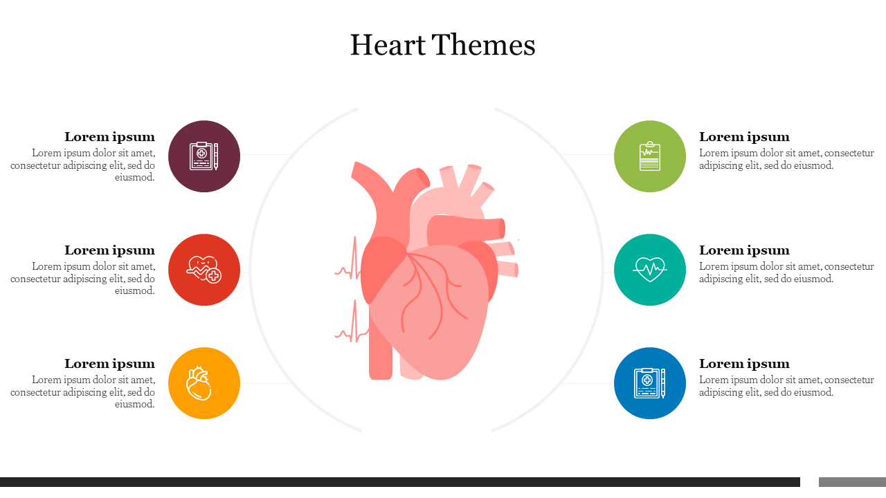 Illustration of a pink heart in the center, with six colored circular icons on each side against a white background.