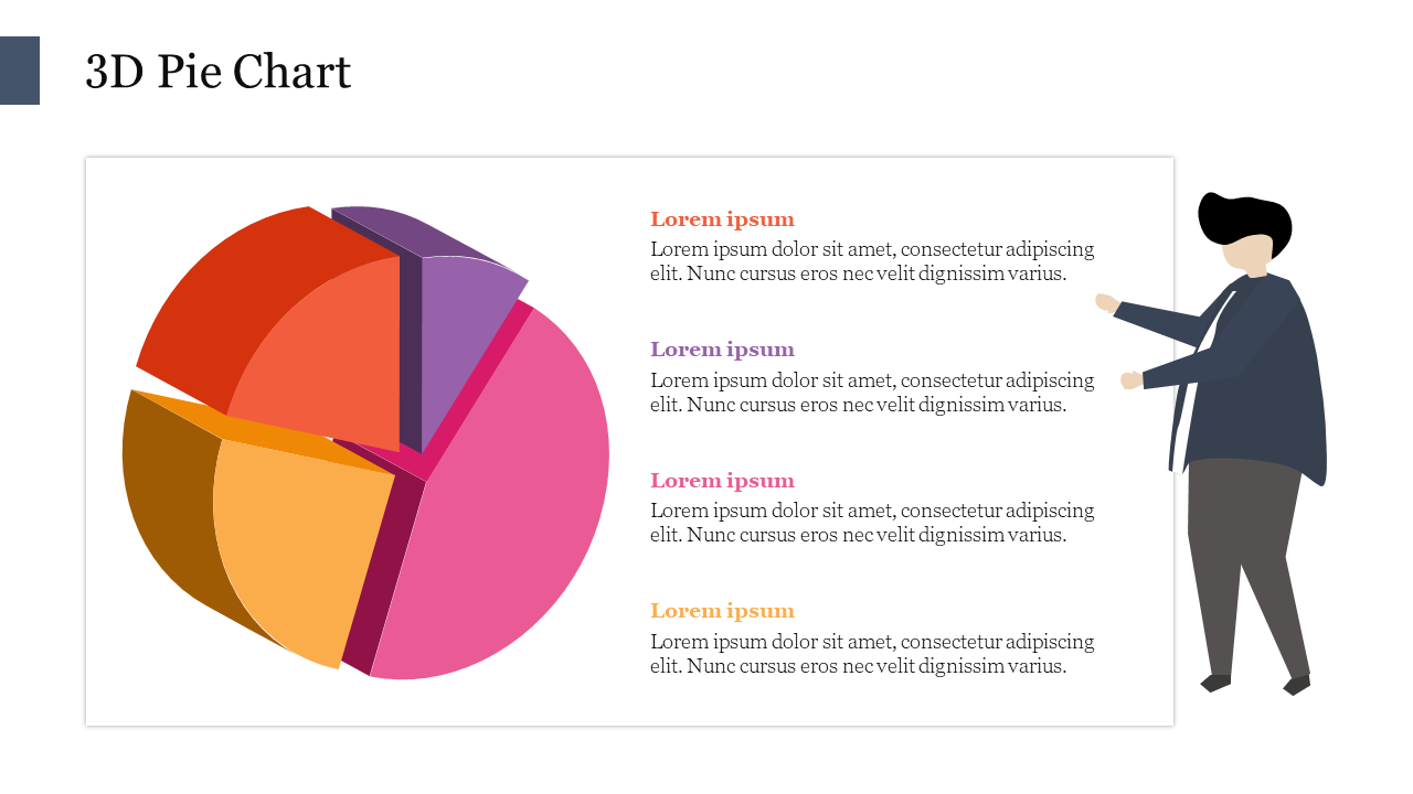 3D pie chart template with colorful segments and text placeholders, with a personal figure pointing at the chart.