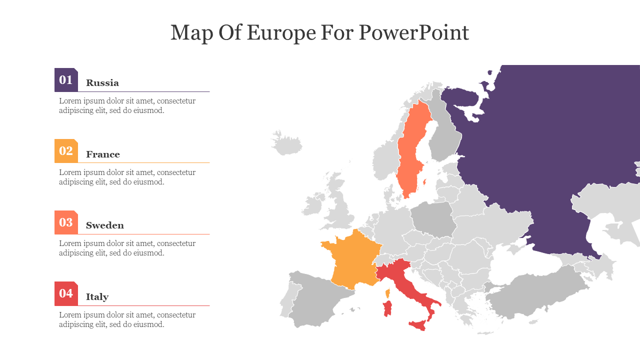 Map of Europe highlighting Russia, France, Sweden, and Italy with numbered placeholders for captions on the left.