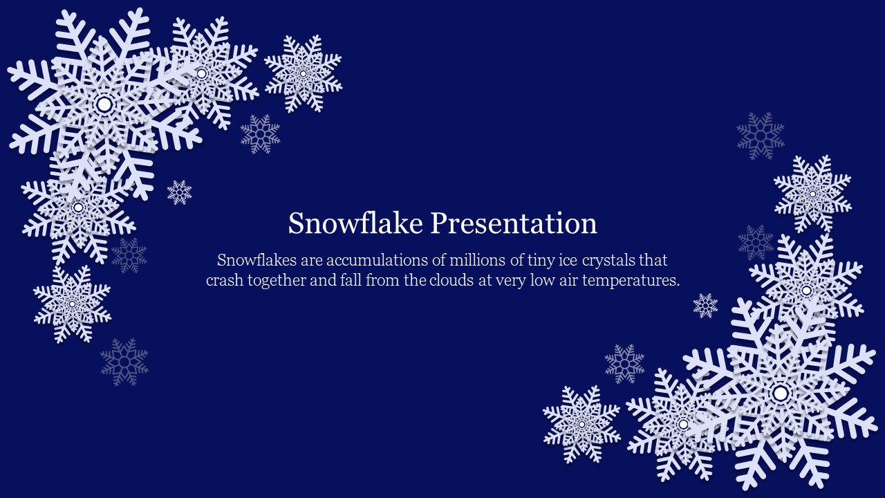 White snowflakes of various sizes arranged in the corners of a dark blue background, with centered text.