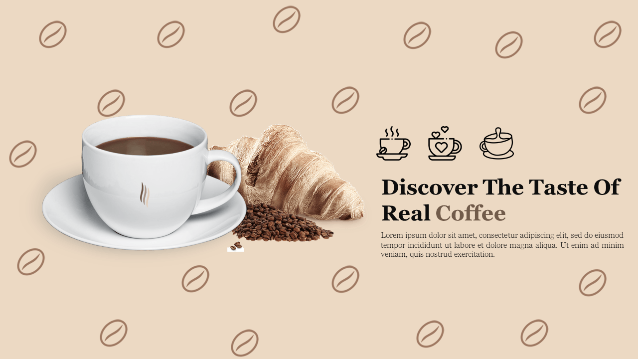 Slide with a white coffee cup, croissant, and scattered beans on a beige background decorated with icons.