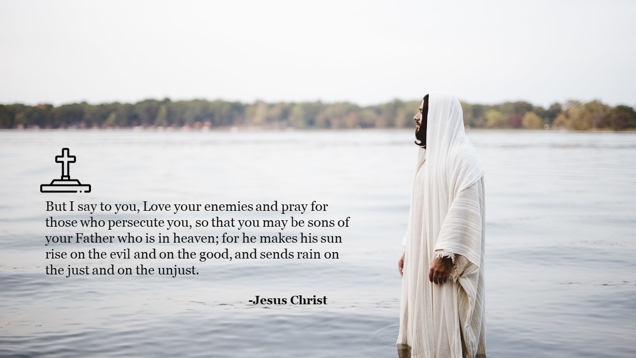 Jesus slide features a serene background of a figure dressed in white by the water, accompanied by a quote.