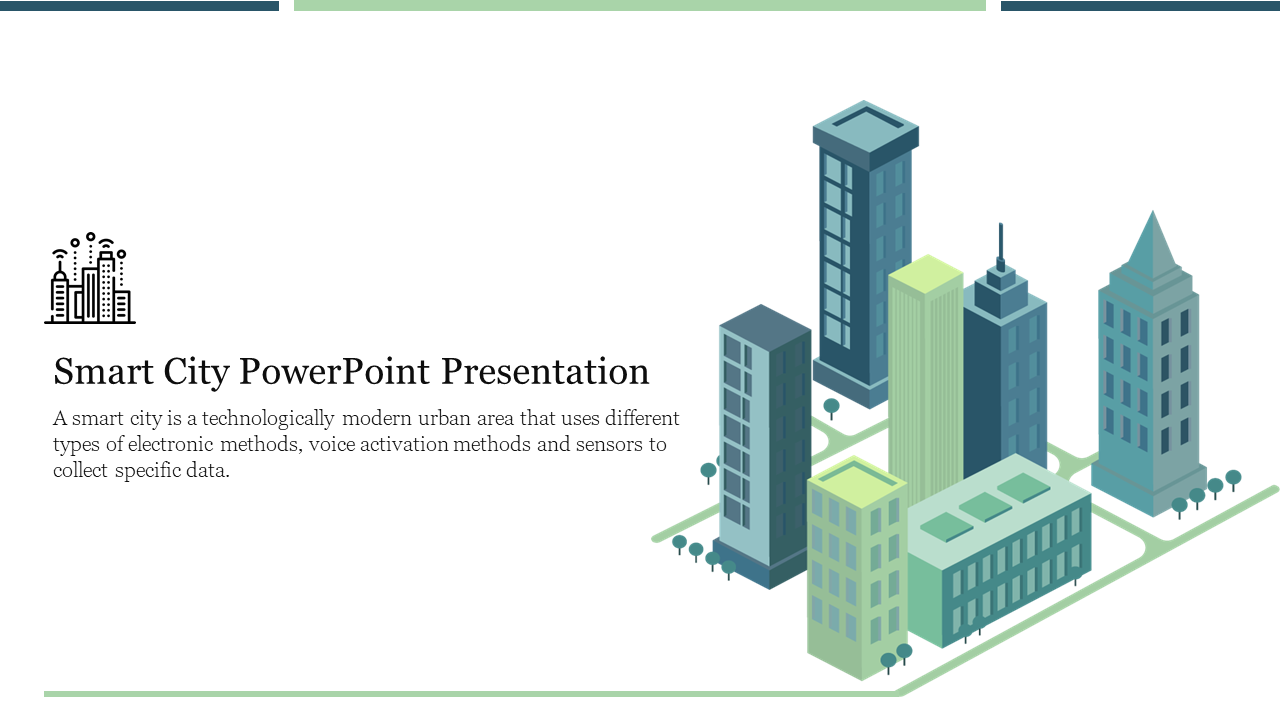 Isometric illustration of skyscrapers in shades of green representing a modern smart city, with descriptive text.