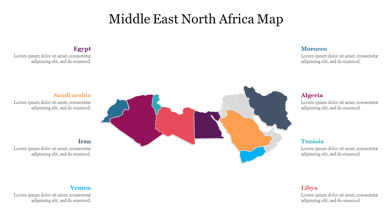 Middle East and North Africa map with different countries  in various colors, and country names labeled with textboxes.