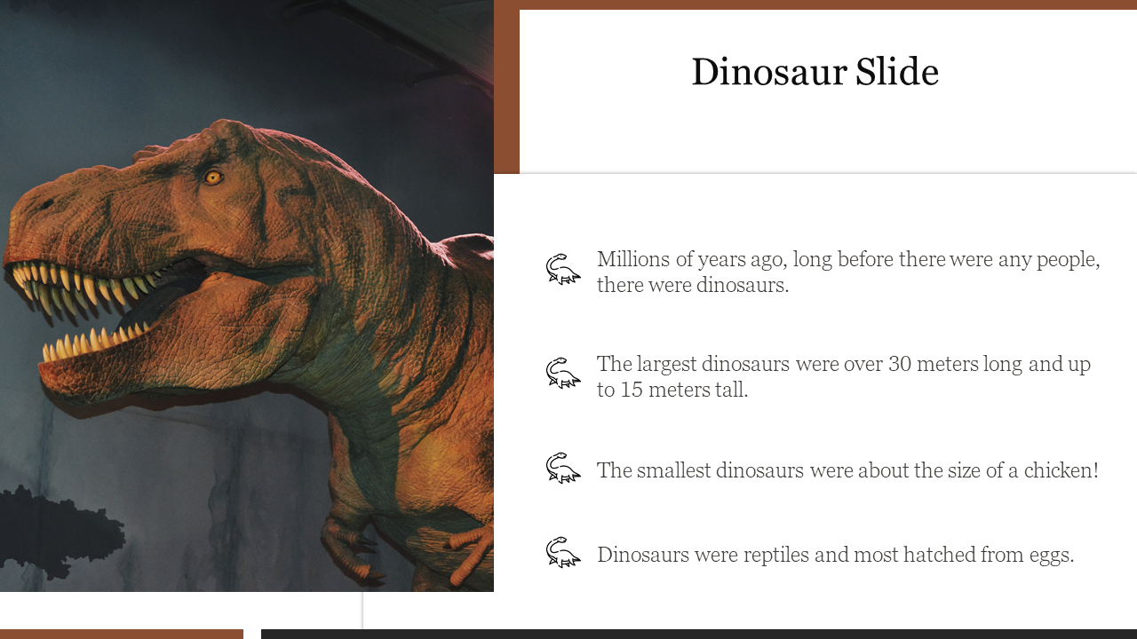 Slide with a dinosaur image on the left and four key facts listed on the right by an icon.