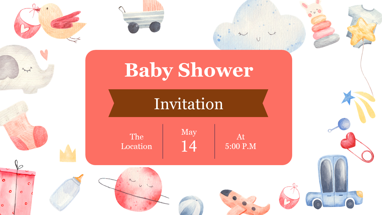 Baby shower invitation featuring a central red banner with event details, surrounded by playful baby themed illustrations.