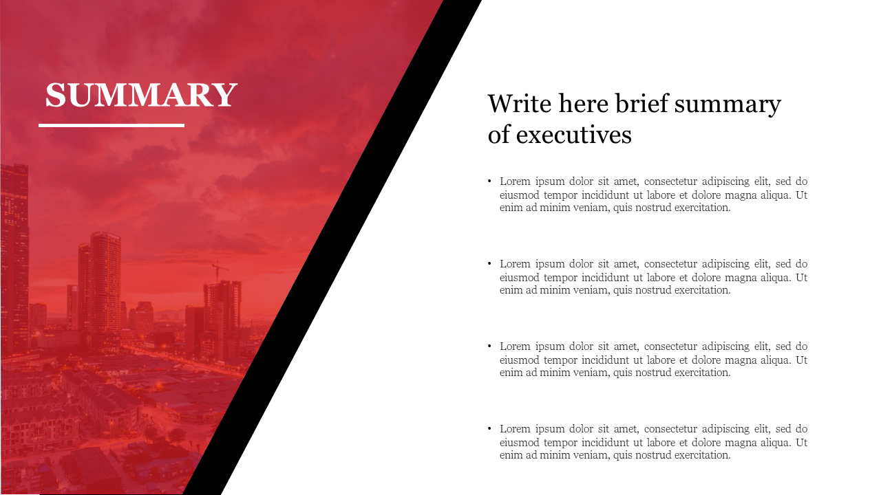 Red tinted cityscape on the left, with a black diagonal divider separating text area for an executive summary.