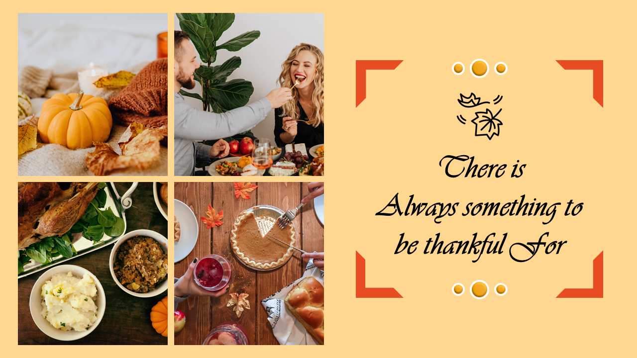 Four-photo thanksgiving collage featuring traditional dishes and family moments, paired with a message on the right.