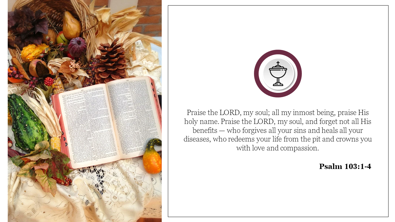 Open Bible surrounded by decorations, including gourds, pinecones, and leaves on the left side for thanksgiving.