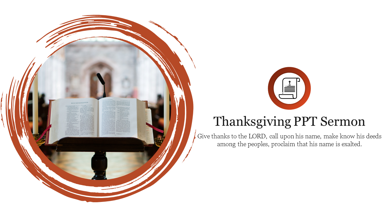 Open Bible on a wooden stand in a church setting, encircled  with a thanksgiving note and a biblical verse.