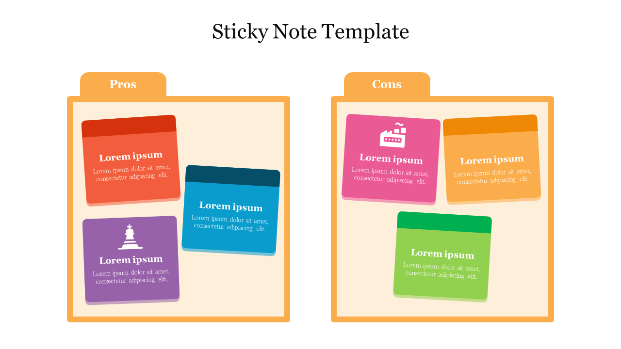 Slide featuring a sticky note template, displaying sections for pros and cons with colorful sticky notes with text.