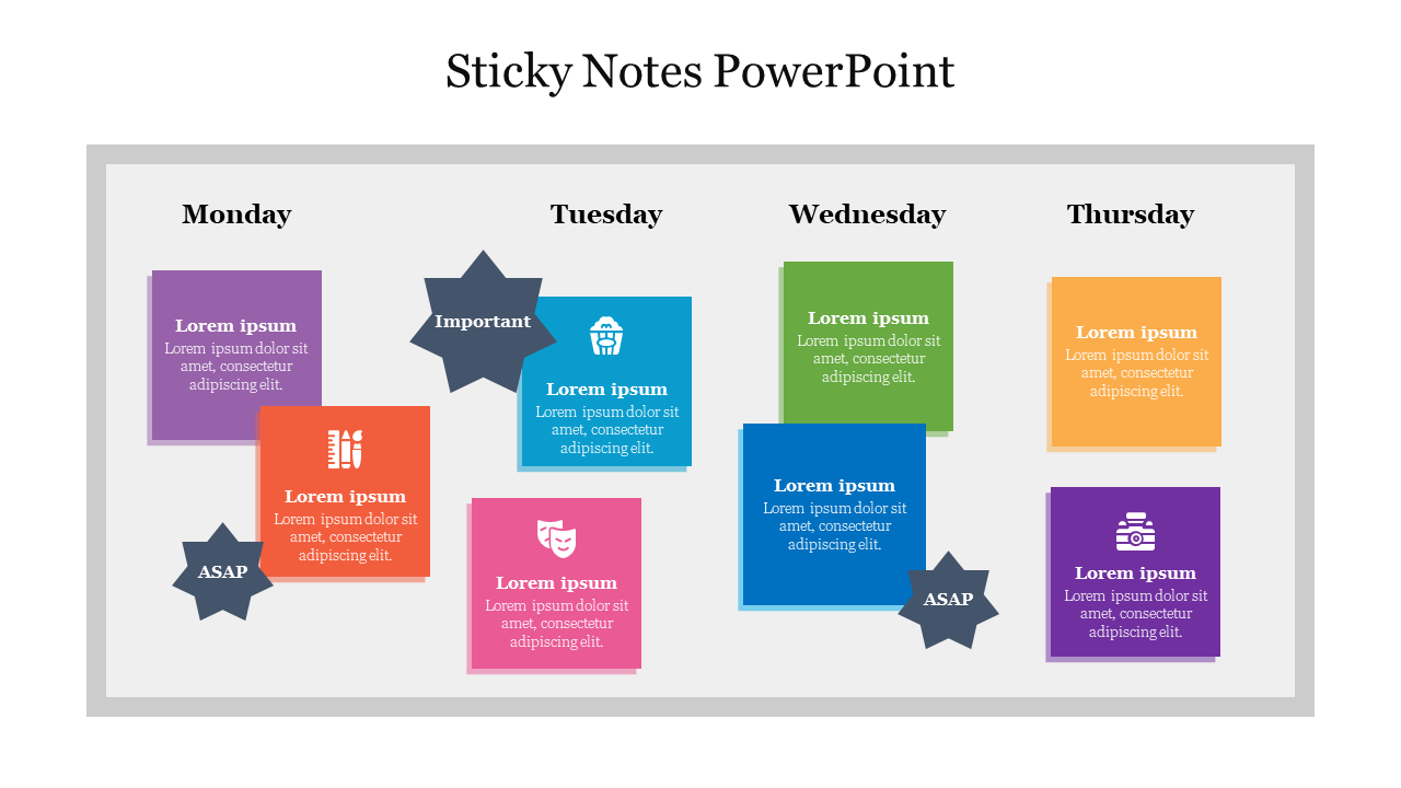 Sticky Notes PPT slide featuring a schedule with colorful labeled sticky notes for Monday to Thursday, each with icons.