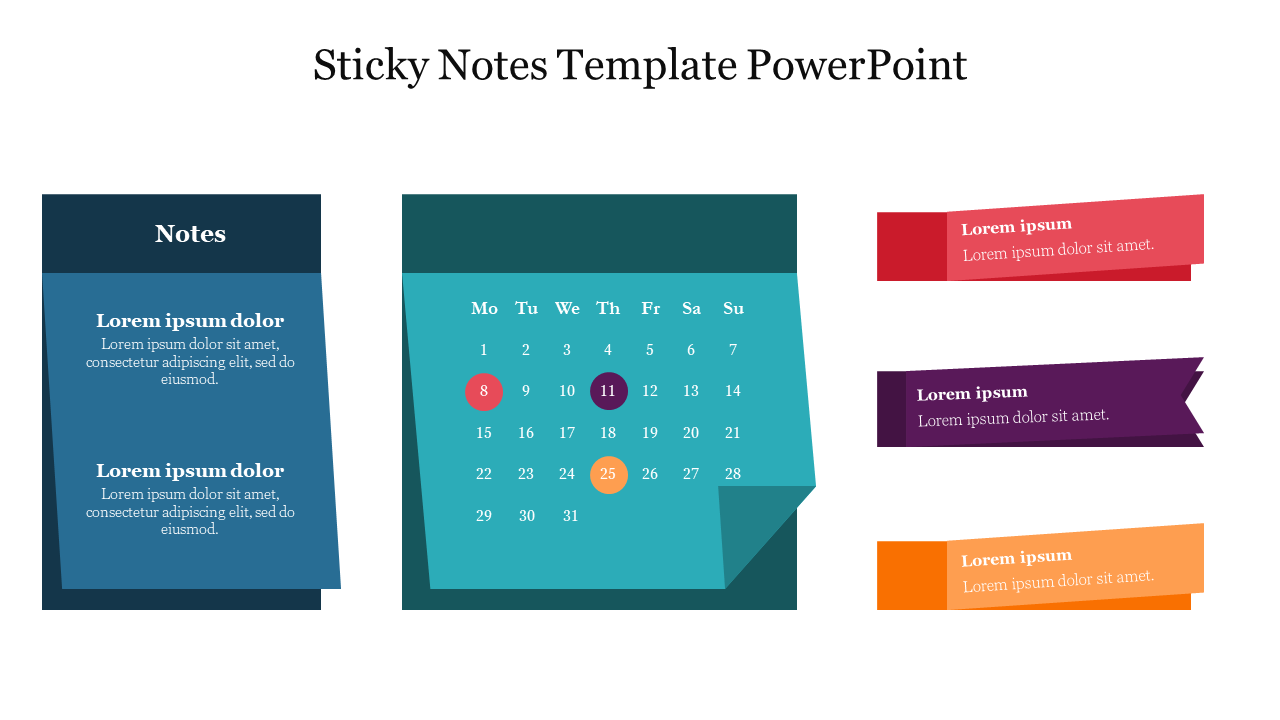 PowerPoint slide with sticky notes in different colors, accompanied by a calendar with highlighted dates and notes.