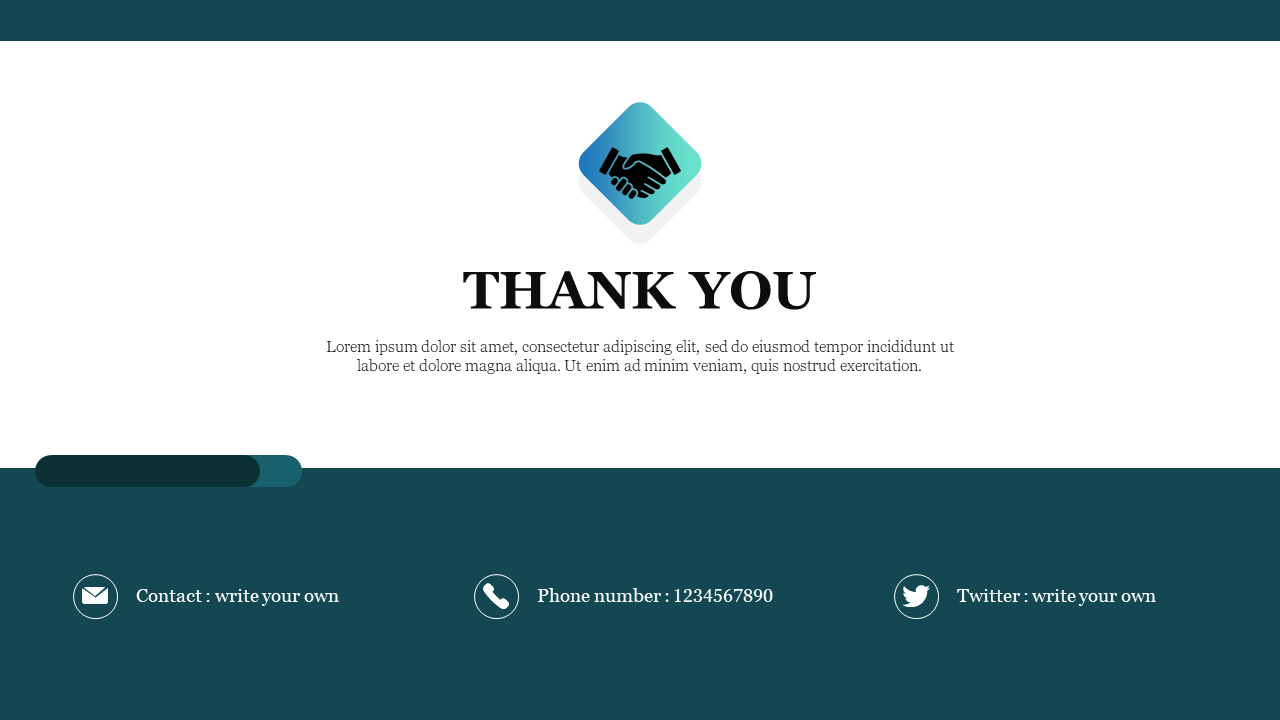 Centered thank you message with handshake icon above contact details for email, phone, and Twitter in teal footer.