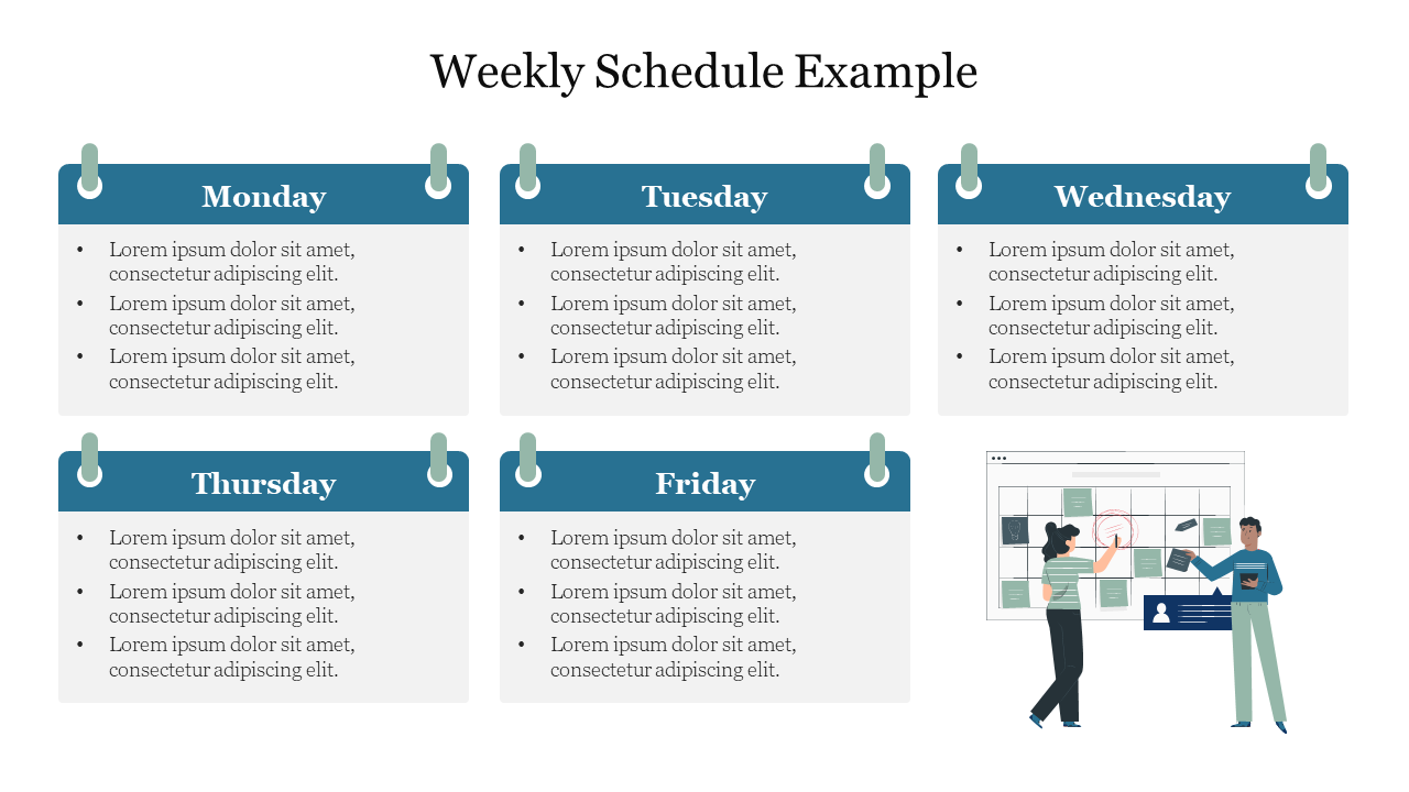 Organized weekly planner with days listed in blue tabs and an illustration of two people planning.