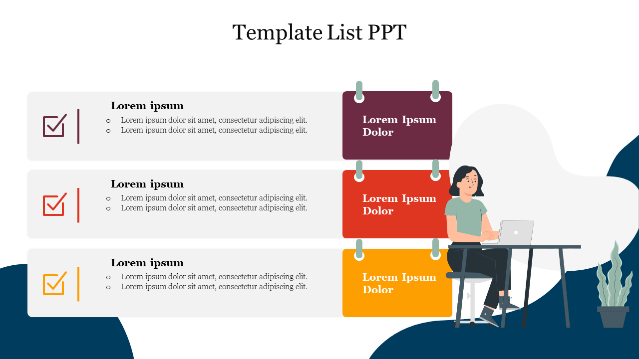 PPT slide showing a list with checkboxes, descriptions, and highlighted headings for each section with a human illustration.