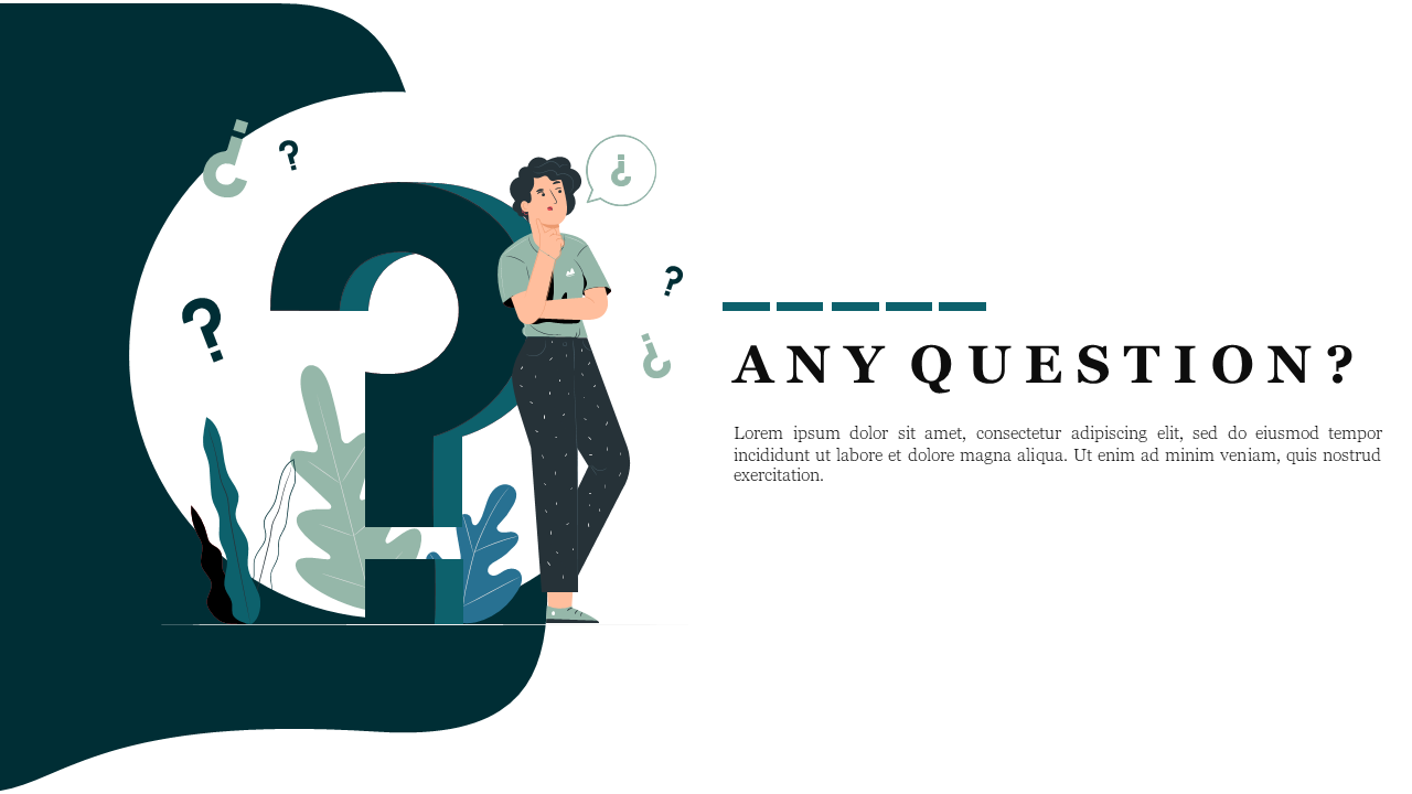 A question slide with an illustration of a thoughtful person, a large dark green question mark and caption area to the right.