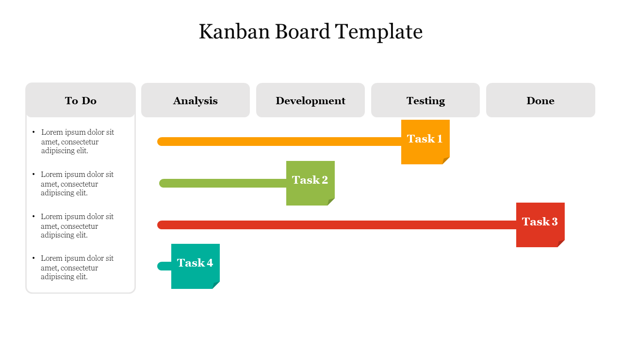 Workflow visualization with a kanban board, featuring orange, green, red, and teal task bars across five columns.