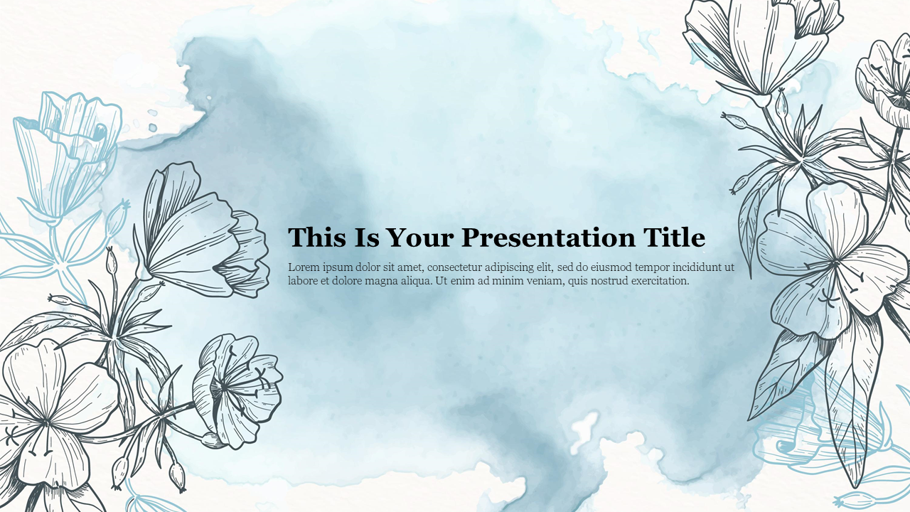 Aesthetic PowerPoint background with a watercolor splash in shades of blue and detailed floral drawings in black ink.