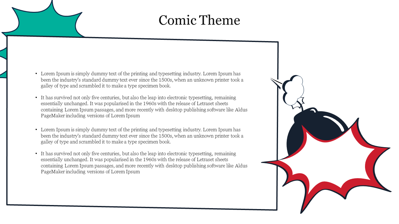 Comic style template with text in a box, surrounded by speech bubbles and explosion graphics in red and green.