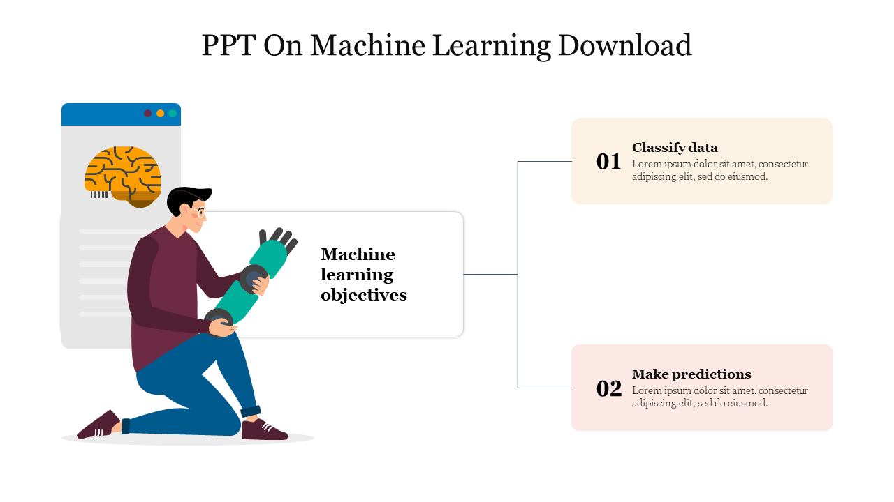 Machine learning objectives slide showing a man holding a robotic arm, with sections linked by connecting lines.