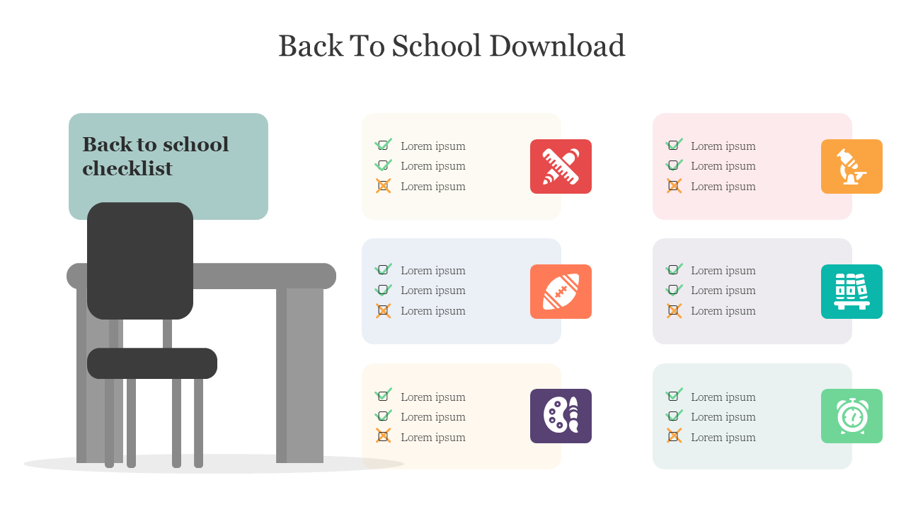 Back to school checklist with a desk and chair, alongside six colorful boxes with icons for various school related items.