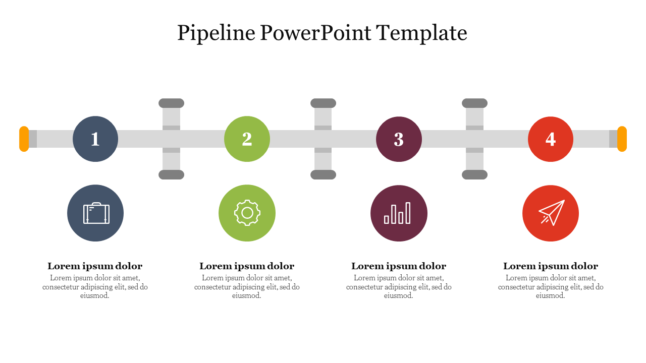 Pipeline themed slide showing four numbered stages, each with a corresponding icon and description below.