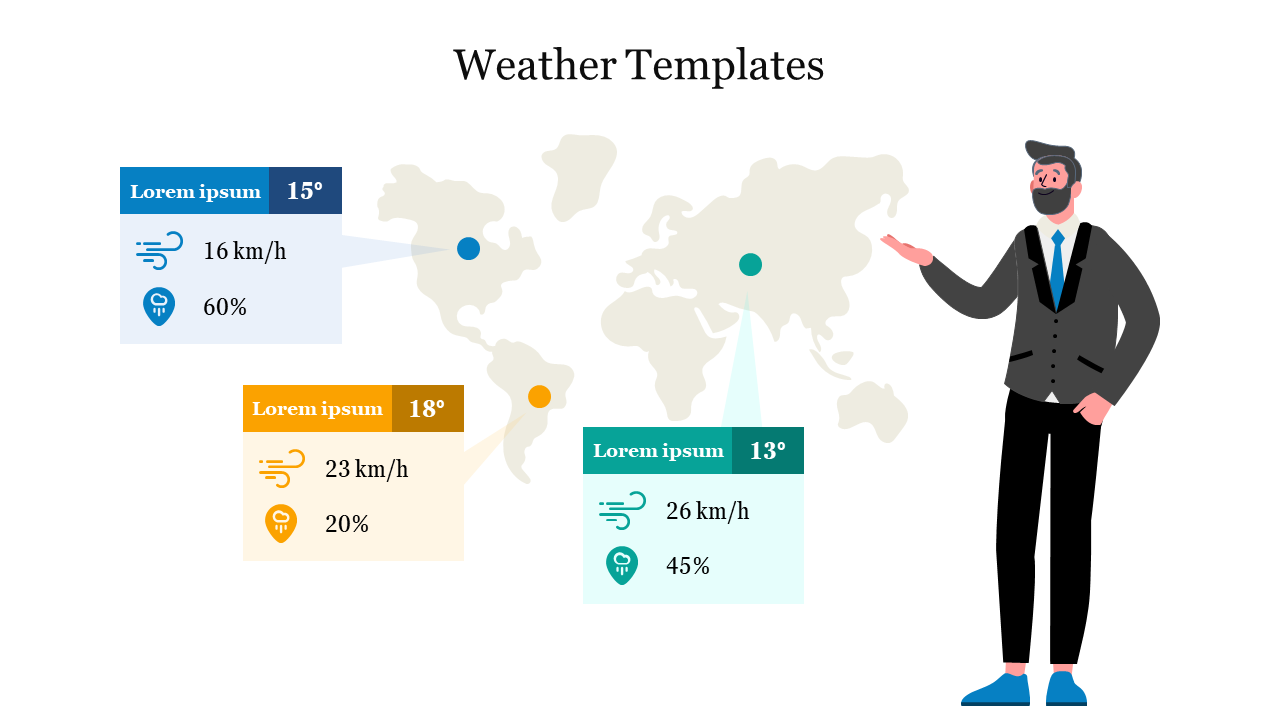 Illustrative weather slide showing various weather parameters on a global map background with a presenter.