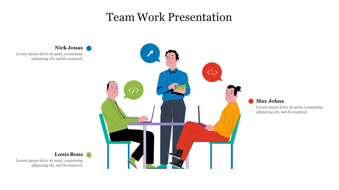 Teamwork PPT slide featuring three people discussing at a table, with speech bubbles showing coding symbols and names.