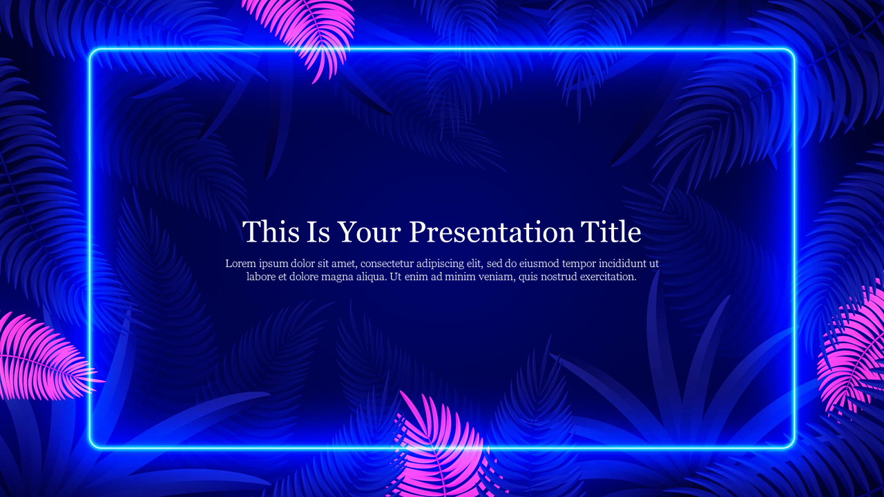 Neon blue frame with pink palm leaves on a dark background, featuring title in white text.