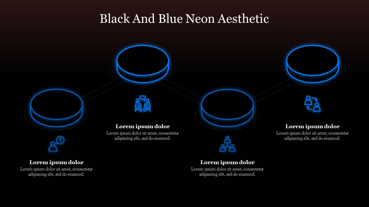 PowerPoint slide featuring a black and blue neon aesthetic with interconnected circular icons and labeled sections.