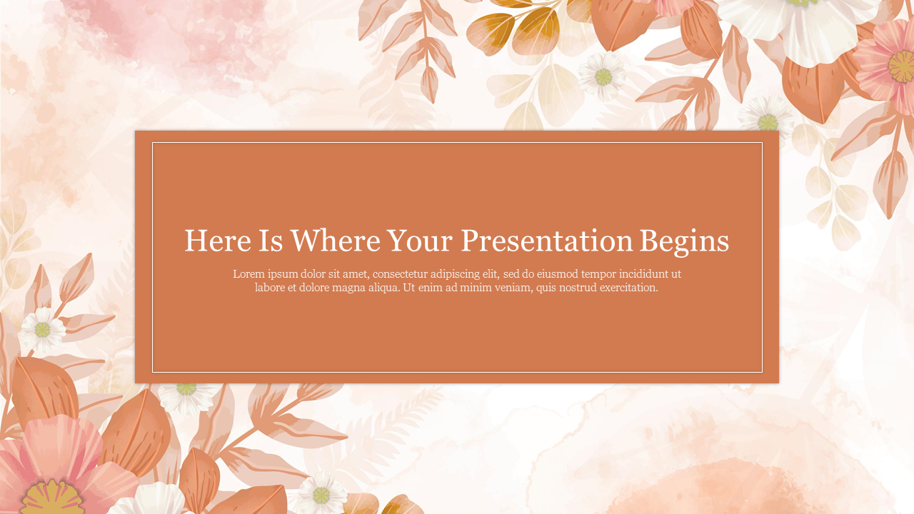 Watercolor aesthetic background slide with soft floral elements and a presentation title box in warm colors.