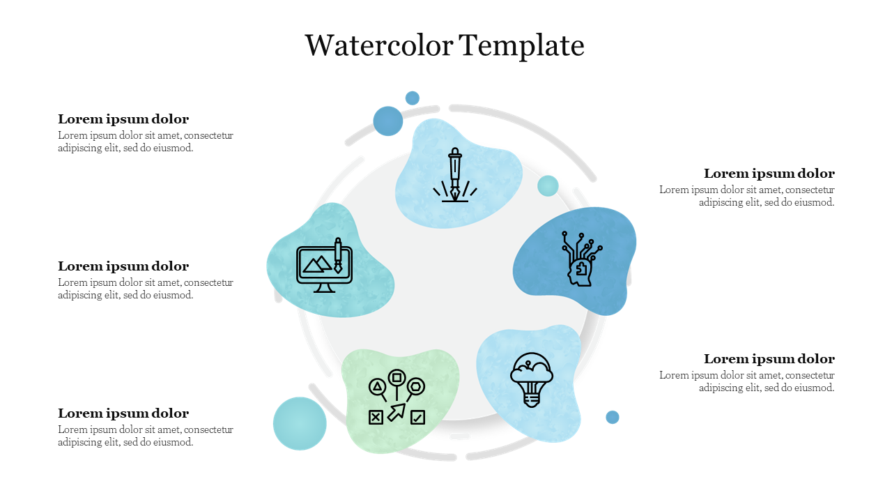 Abstract watercolor design with icons for creativity, innovation, and analysis surrounded by placeholder text areas.