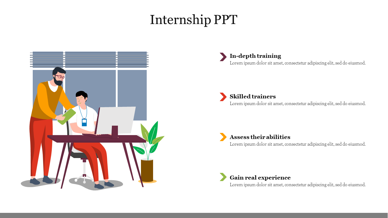 Internship slide displays an illustration of a mentor guiding a student at a desk with a computer and placeholder text.