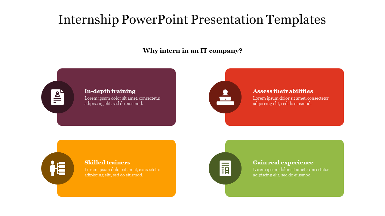 Internship slide featuring four key benefits with colorful text boxes including icons and text area.