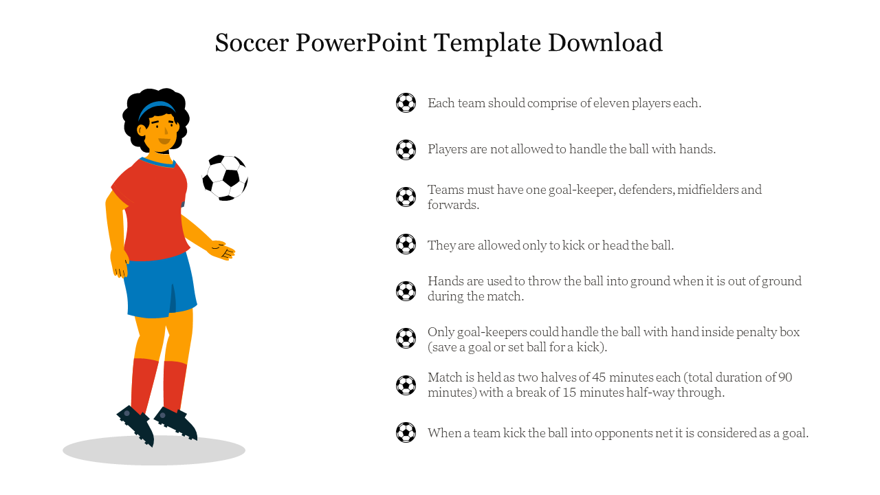 Soccer template featuring a female player in red and blue uniform, with a set of soccer rules listed on the right.