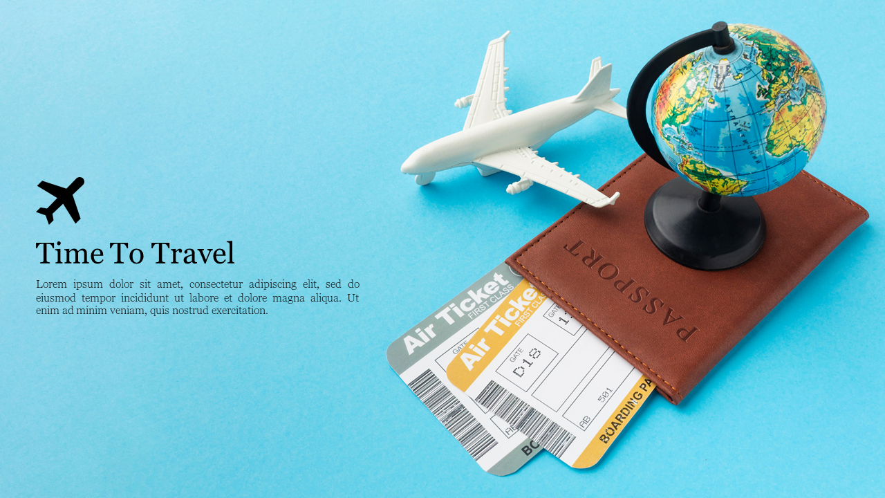 Travel themed background slide with a miniature airplane, globe, passport, and air tickets arranged on a blue surface.