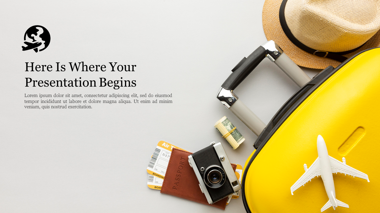 Travel themed items like a yellow suitcase, camera, passport, hat, and airplane model, with text on the left.